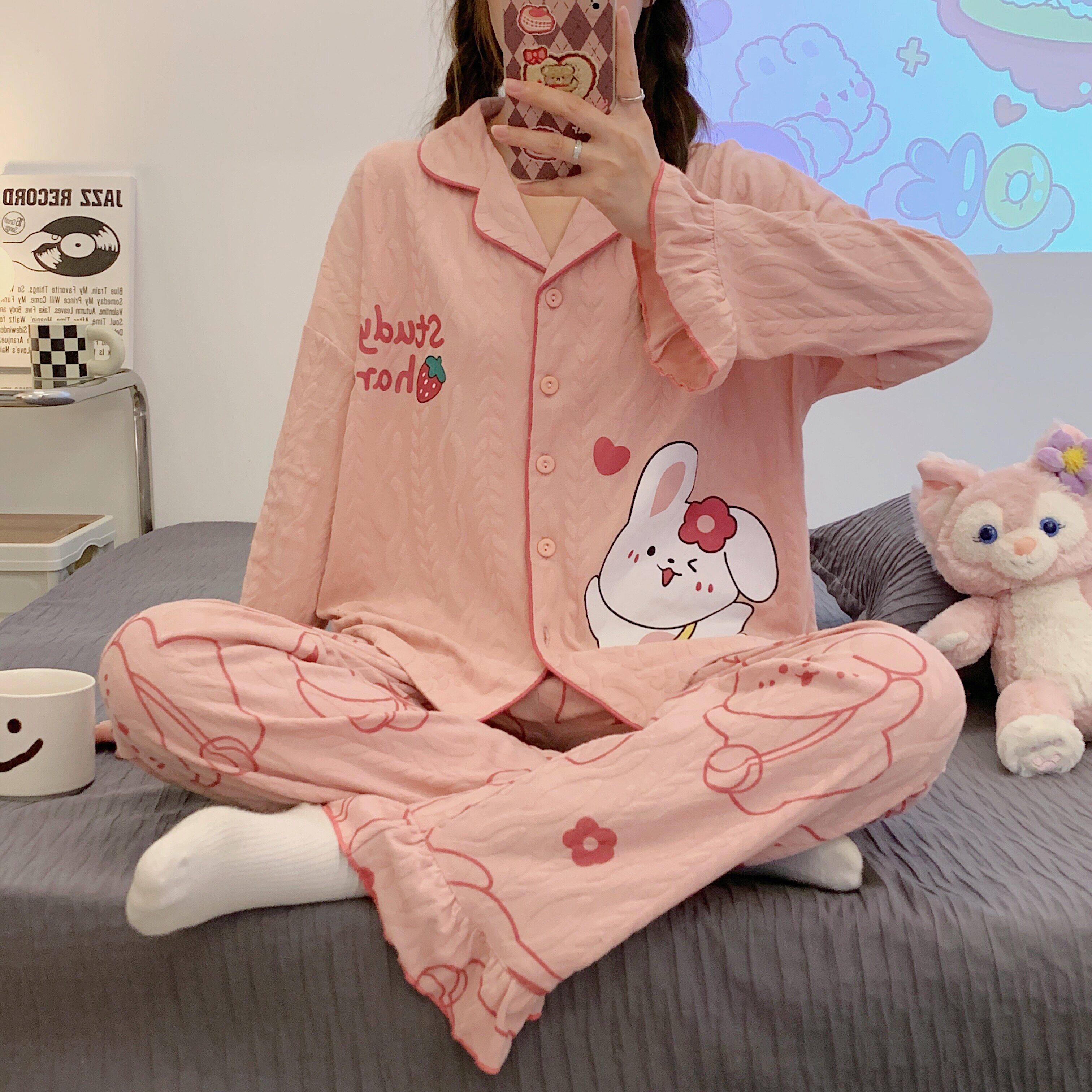 睡衣女春秋季粉红色纯棉长袖甜美休闲开衫卡通睡衣