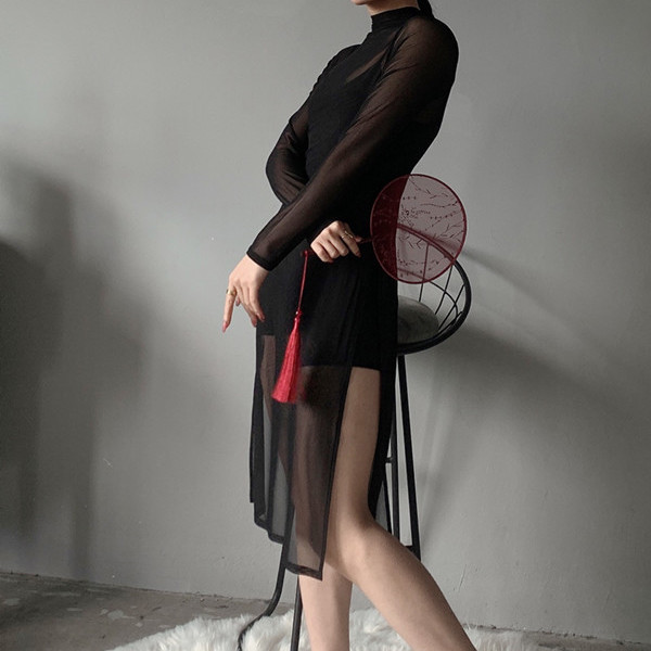 旗袍网纱性感爵士舞蹈短款修身显瘦高腰开叉里民族服装