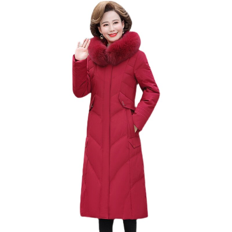 中老年羽绒服女2022年新款中长款妈妈装大毛领连帽老年人加厚外套
