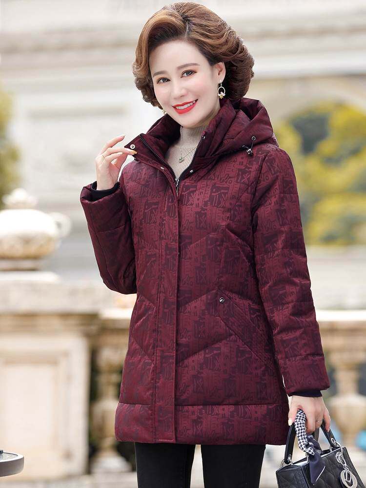 妈妈冬装短款羽绒服印花中老年女装连帽加厚休闲羽绒奶奶装外套