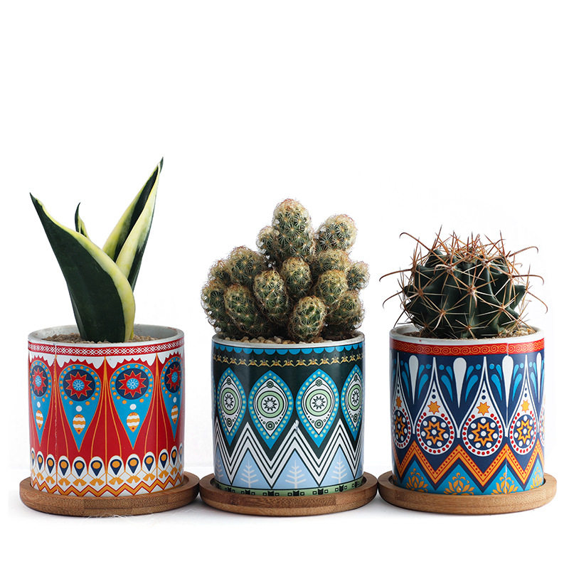 彩色陶瓷花盆小号北欧风格美式装饰花纹复古花盆