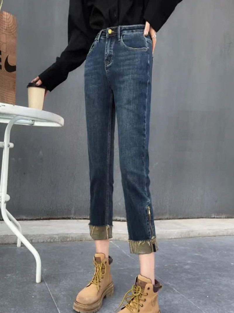 新款高腰九分加绒加厚牛仔裤女设计感弹力直筒烟管裤子 - 三坑日记