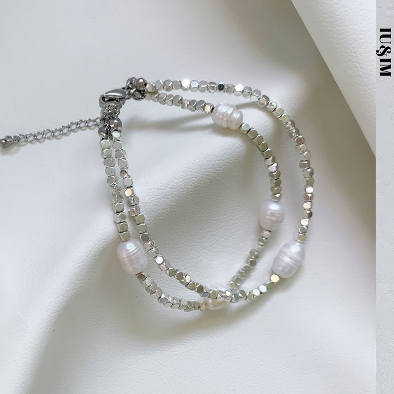 iuim新款法式复古巴洛克双层珍珠拼接碎银手链