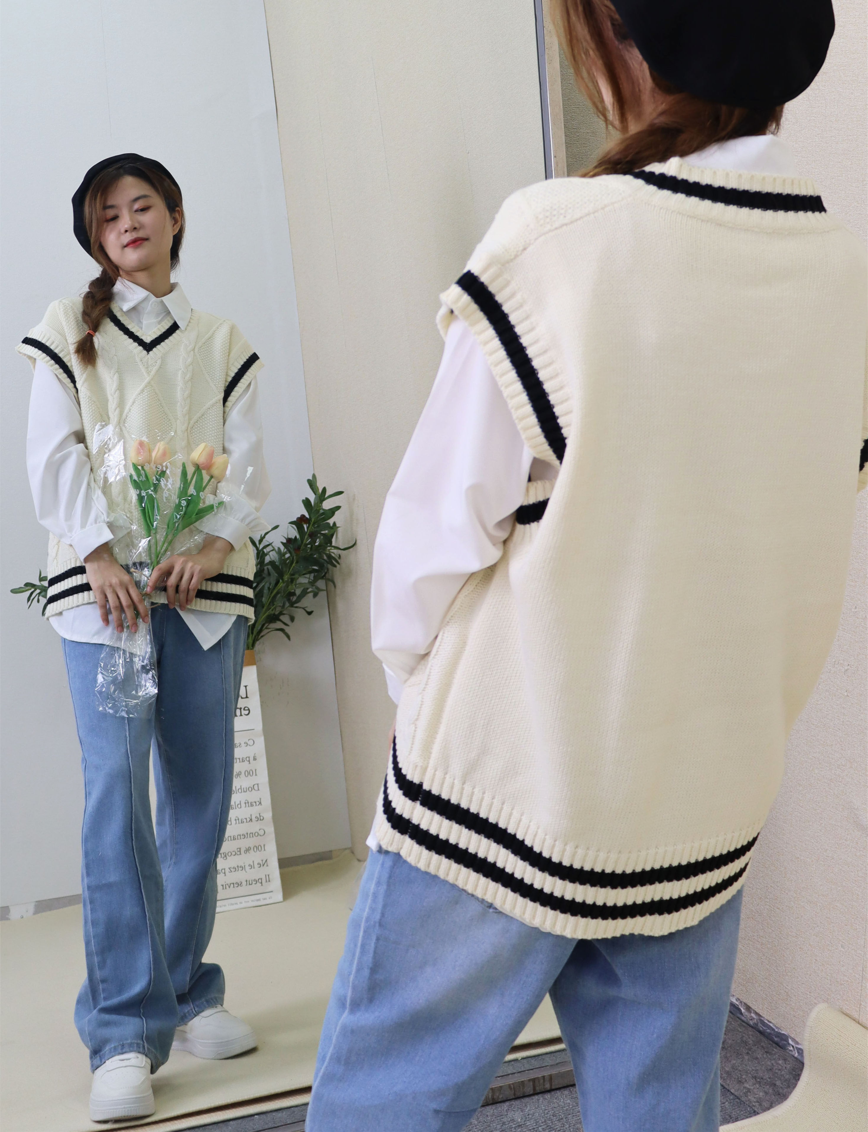 春秋套装学院风条纹针织马甲背心穿搭长袖衬衫女两件套时尚简约潮