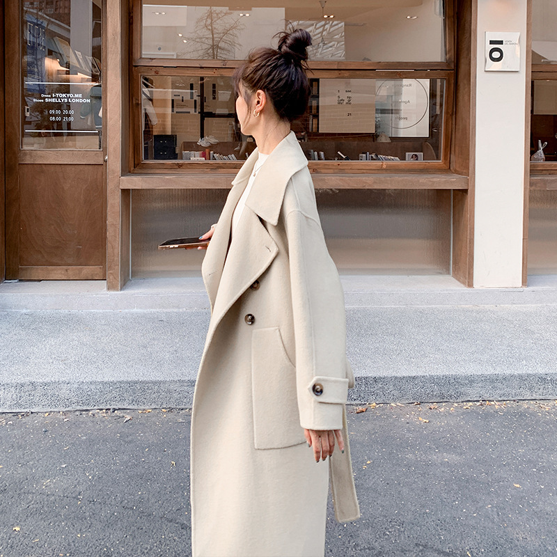 实拍2022淡黄色双面羊绒大衣女长款韩系穿搭温柔风冬季毛呢外套潮