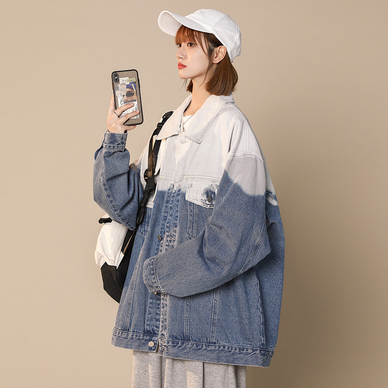 渐变牛仔外套oversize港风设计感小众春秋季潮牌情侣装工装夹克女
