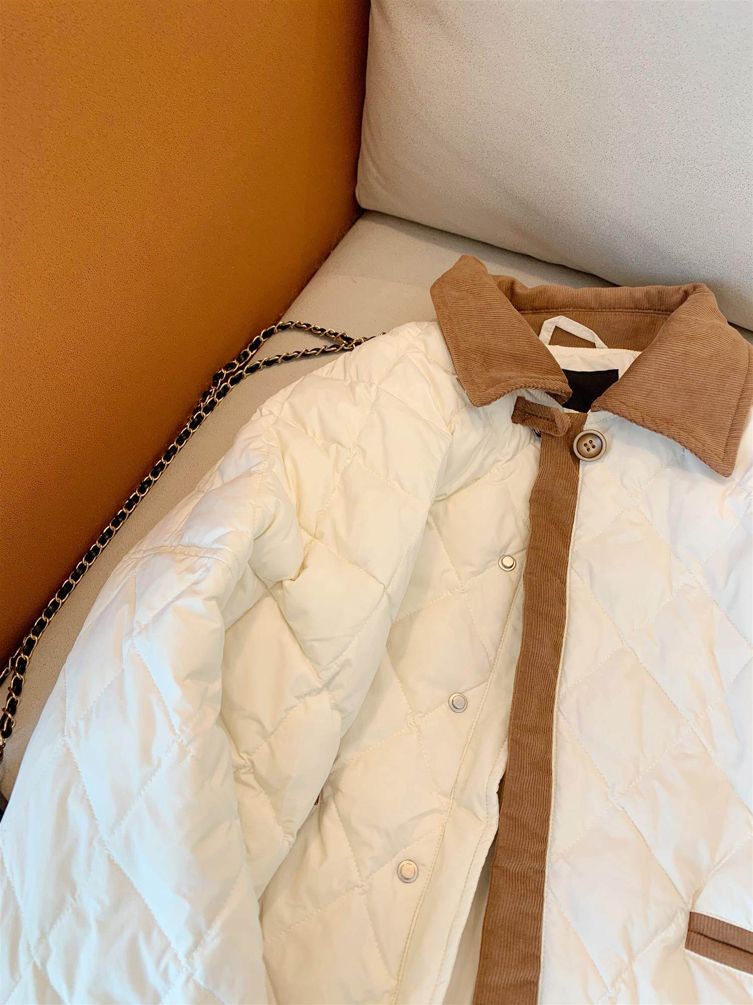 白色菱格小香风棉衣棉服女2022冬季新款小众宽松翻领加厚夹棉外套