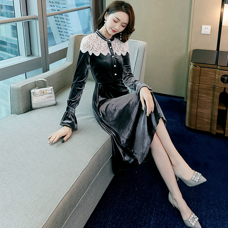 金丝绒连衣裙女2020新款高冷御姐风成熟气质女神范衣服丝绒蕾丝裙