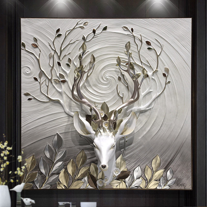 客厅装饰画单幅玄关走廊挂画鹿头3d立体浮雕画沙发背景墙餐厅壁画