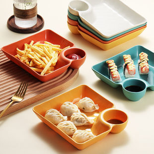 饺子盘子带醋碟碗家用水饺盘蘸料寿司分格盘方形通用餐盘