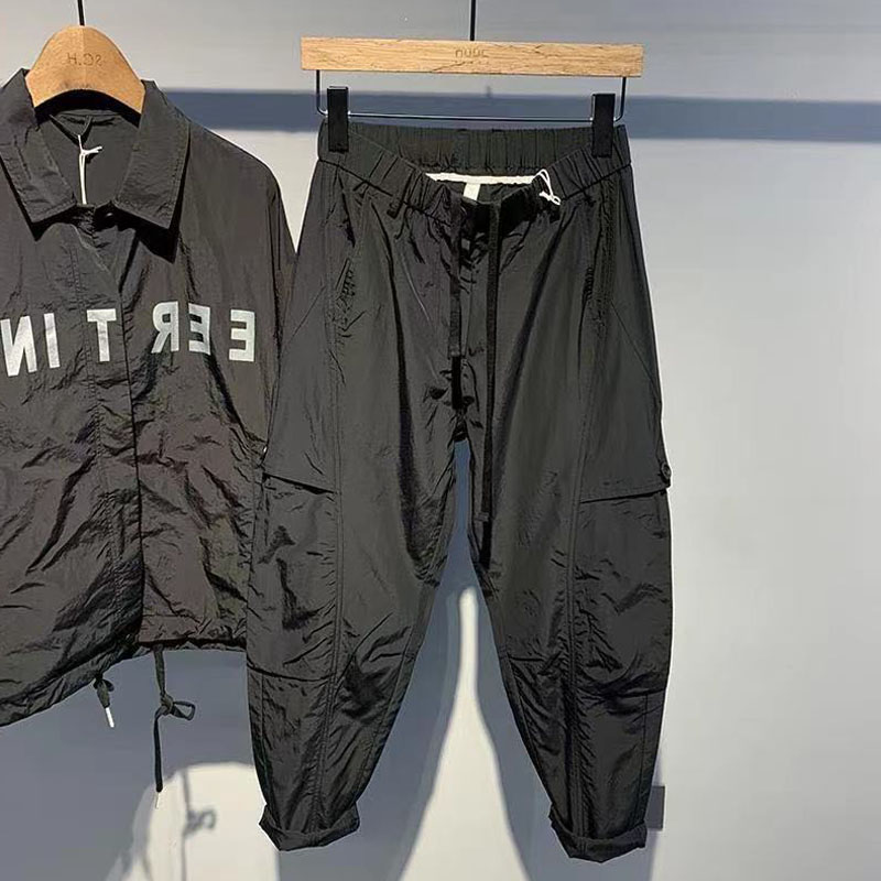 日系简约休闲纯色宽松长裤男2021秋冬新款潮牌系绳工装九分小脚裤