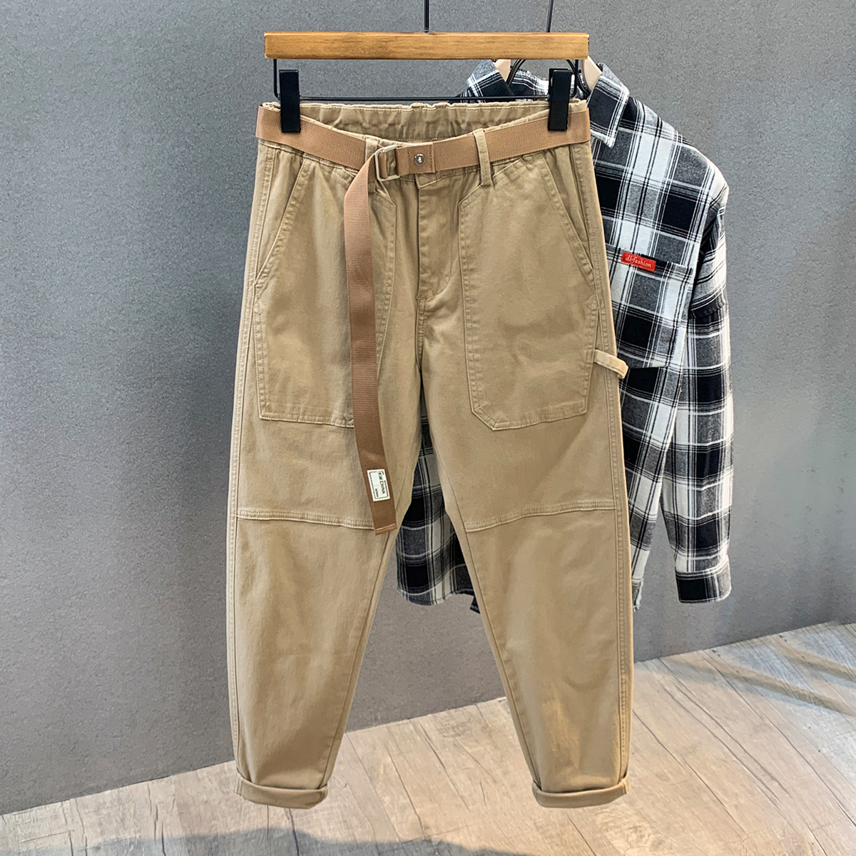 纯棉新款卡其色工装休闲裤男士宽松小直筒百搭哈伦九分裤子男夏季
