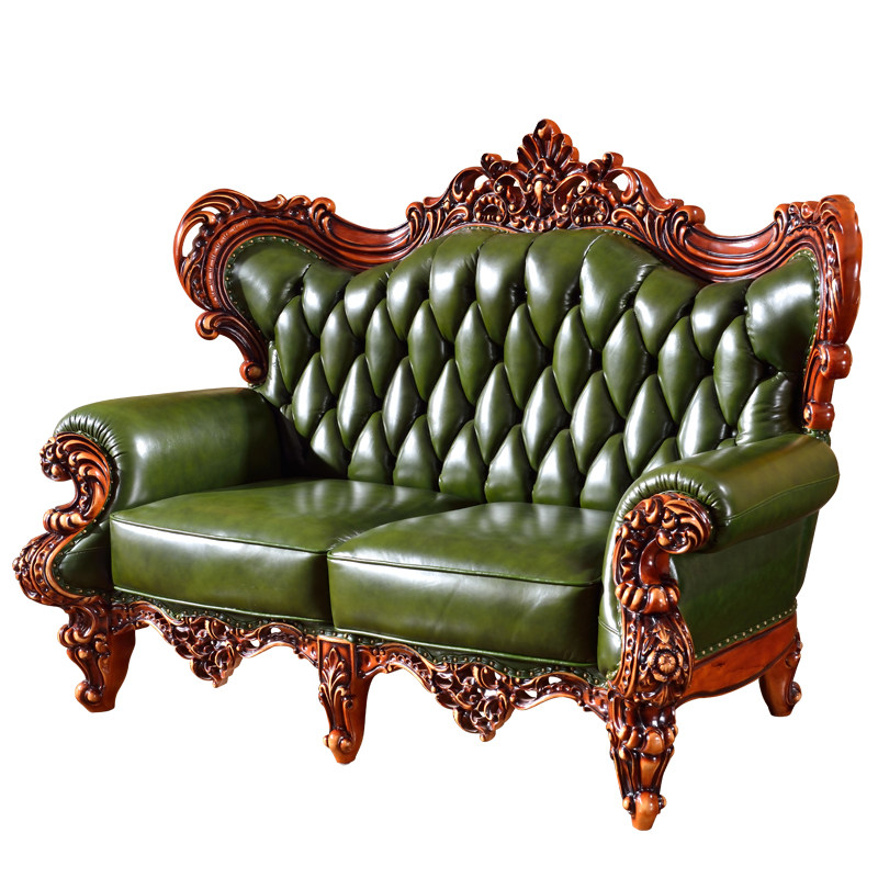 豪华欧式头层真皮沙发 客厅实木123组合u型绿皮沙发 实木橡木雕花