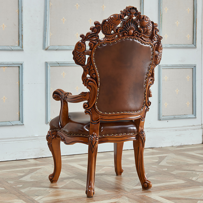 欧式做旧扶手背椅雕花实木真皮椅子餐椅古典餐椅