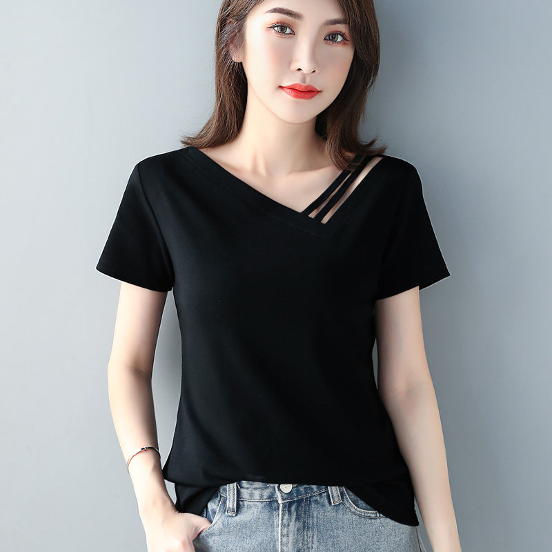 修身恤内女士黑色洋气新款体恤显瘦短袖线条t恤