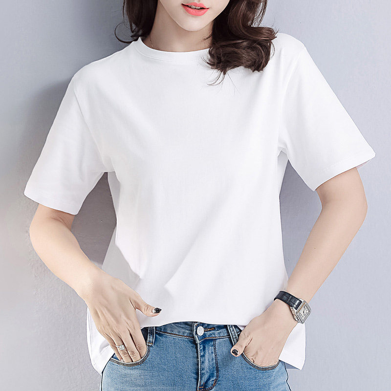 白色短袖t恤女宽松纯棉春夏半袖衫小圆领丅血女纯色韩版百搭体桖 - 甄