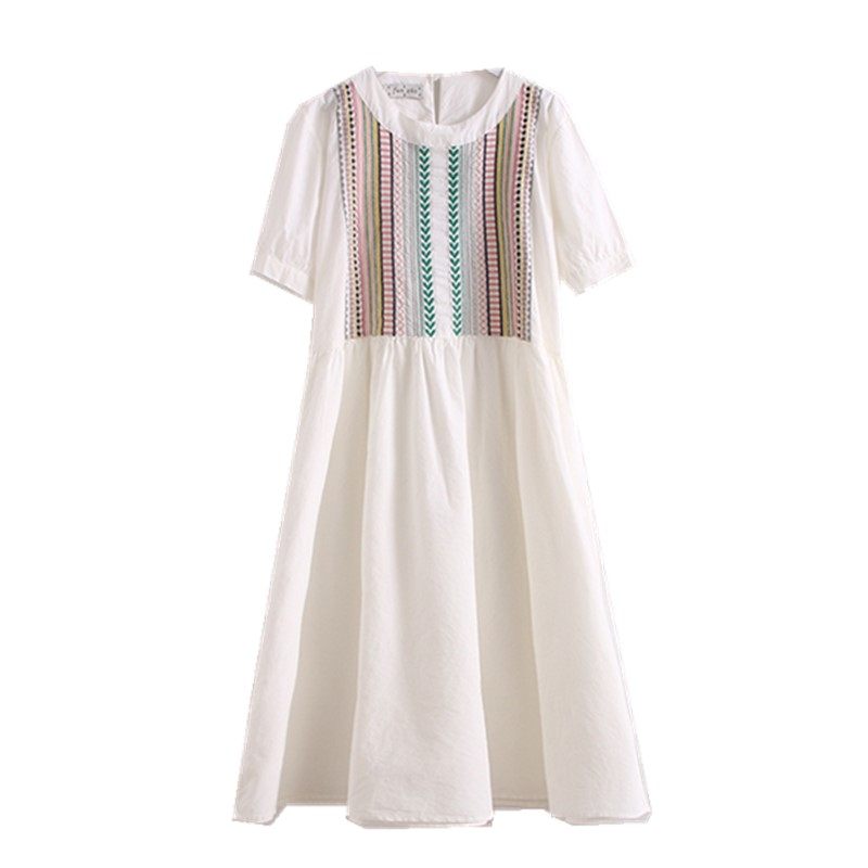 棉布长裙袖中泡泡套头圆领布裙刺绣箱子民族风连衣裙