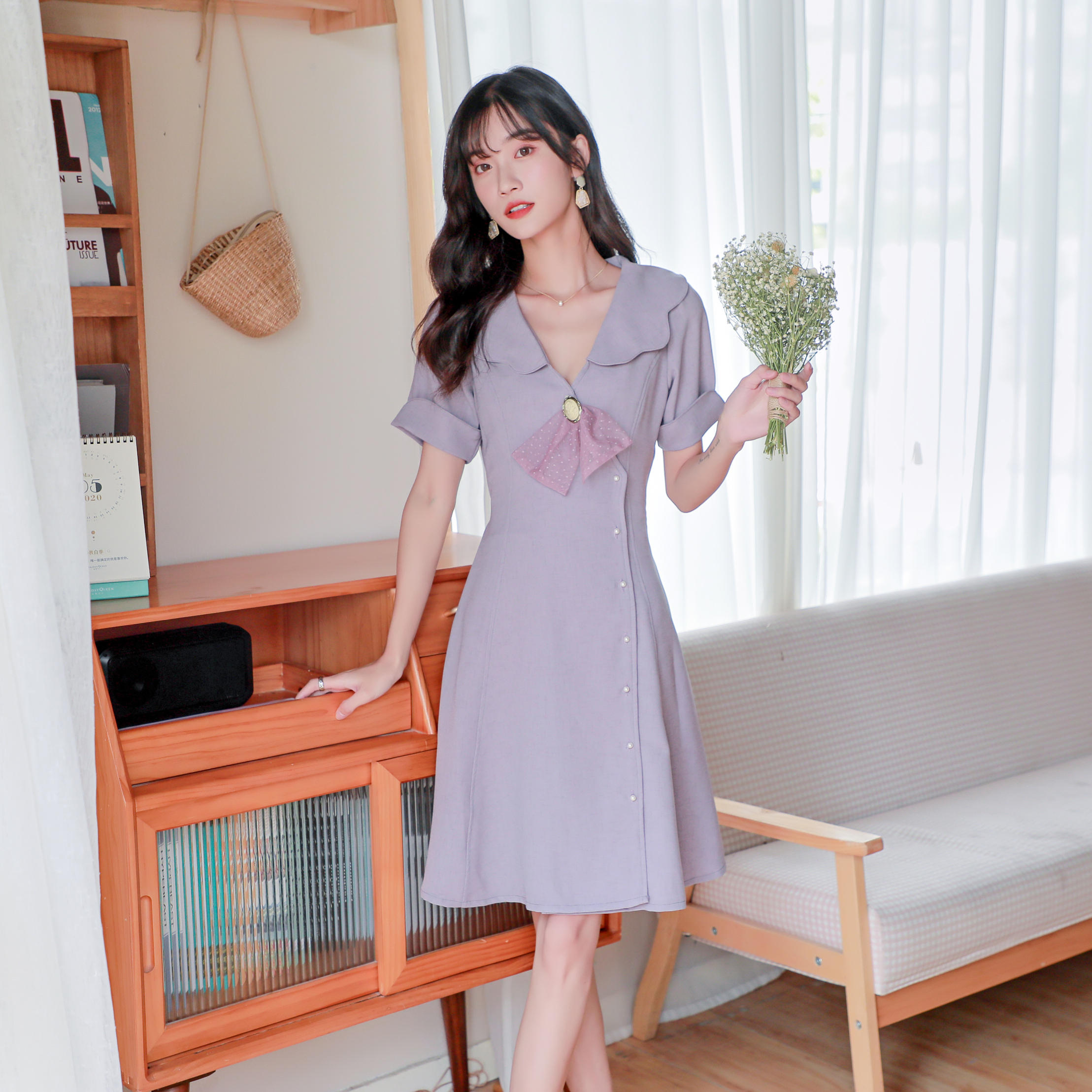 香芋紫色连衣裙子少女雪纺夏装2021新款长短法式娃娃领复古小清新