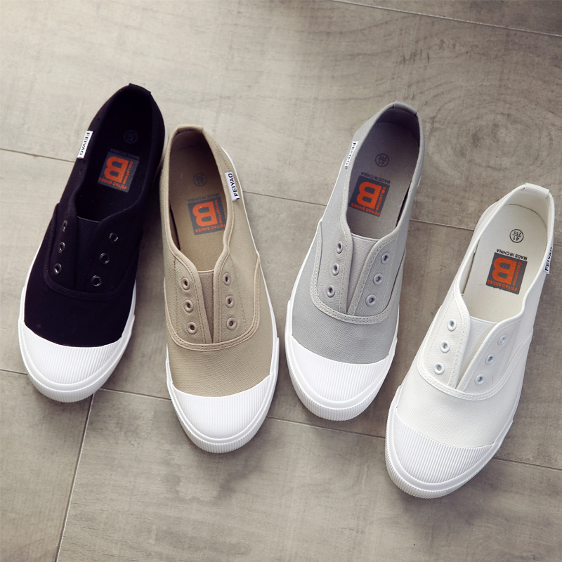 夏季一脚蹬帆布鞋男女情侣布鞋男士休闲鞋白色鞋小白鞋百搭板鞋子