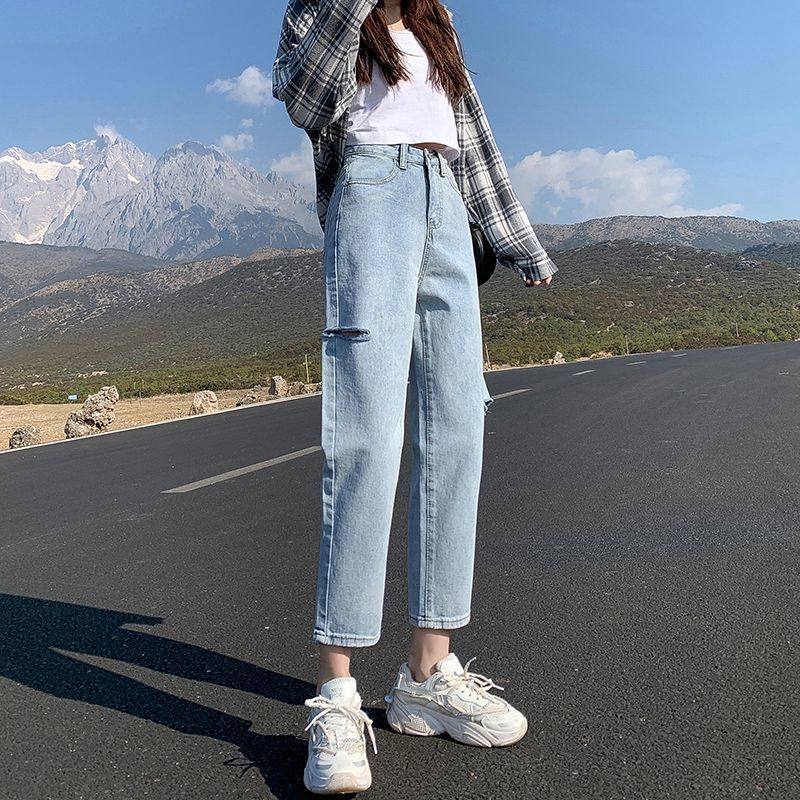 破洞牛仔裤女高腰显瘦夏季新款潮ins学生百搭宽松九分哈伦阔腿裤