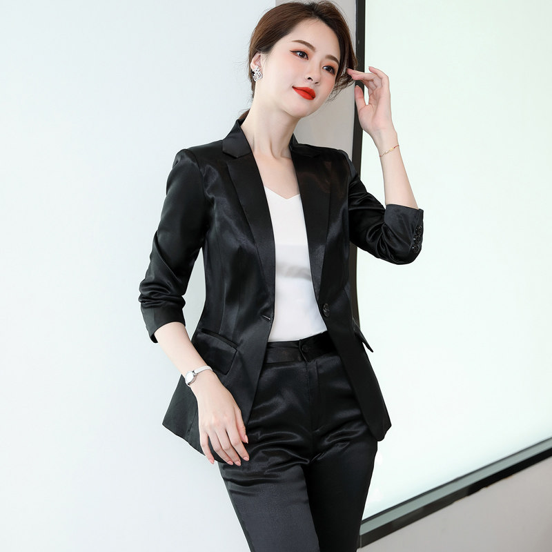 时尚名媛醋酸缎面套装高端西装真丝面料小西西服时尚套装