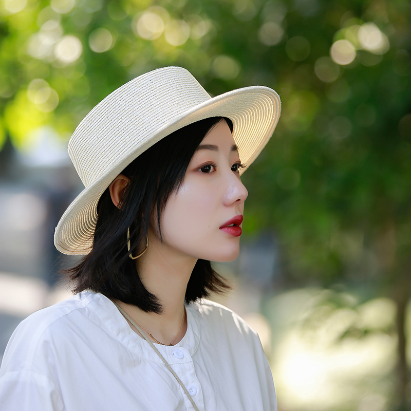 帽子遮阳帽 女 防晒夏季薄款平顶英伦礼帽平沿草帽韩版百搭太阳帽