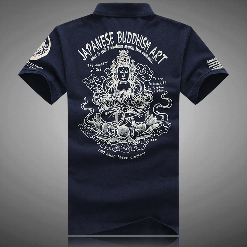 新款夏装潮货中国风珠地棉翻领POLO衫青少年男装观音坐莲印花T恤