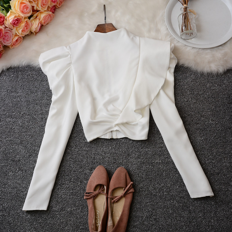 泡泡袖衬衫2020春秋新款缎面褶皱百搭鸡腿袖长袖上衣气质显瘦女潮