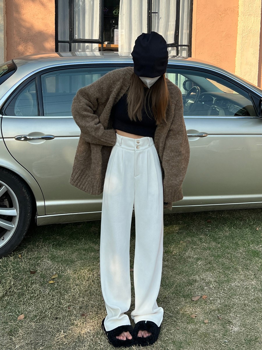 白色高腰阔腿裤女秋冬季2022年新款加绒直筒垂感拖地雪尼尔西装裤