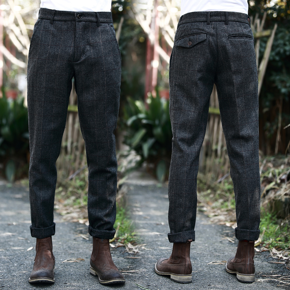 秋冬新款原创日系复古小脚哈伦裤英伦简约修身羊毛呢格子休闲裤男