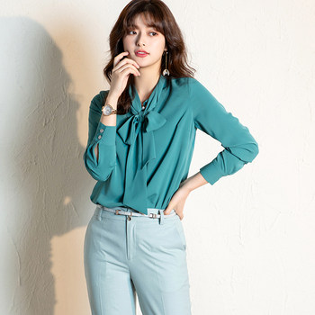 OFFIY-Gentle temperament Bow-neck V-sleeved shirt with ribbon professional commuting OL loose chiffon shirt for women