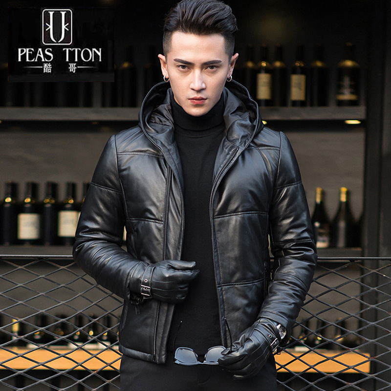 2021新款海宁绵羊皮男装冬真皮短款夹克连帽真皮羽绒服男士皮衣男