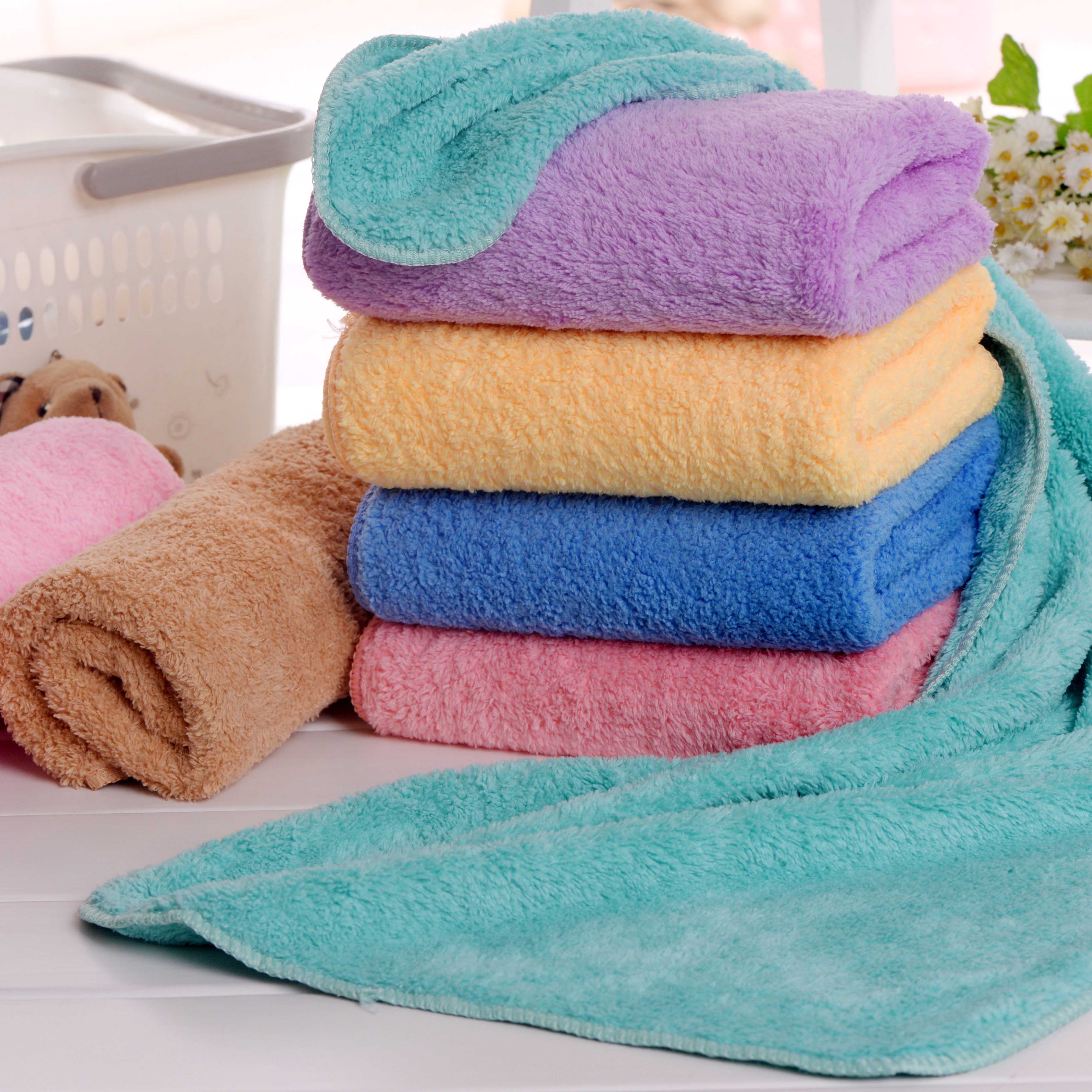 毛巾2条珊瑚瑚绒吸水不掉毛速干干发巾美容院毛巾