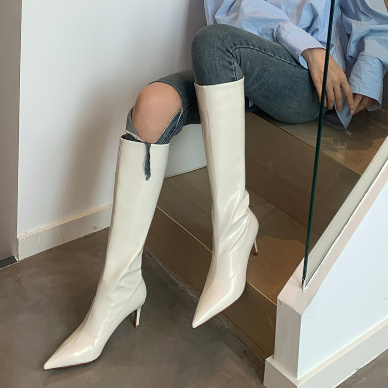 设计师款高筒尖头细跟高跟鞋真皮小腿靴直筒马靴韩版显时装靴