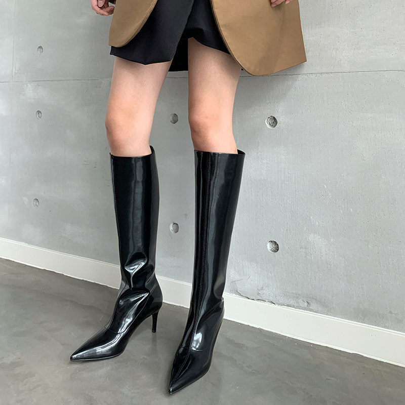 设计师款高筒尖头细跟高跟鞋真皮小腿靴直筒马靴韩版显时装靴