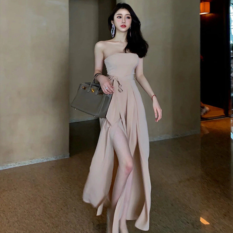女夏名媛气质女神范性感高端显瘦抹胸收腰开叉长裙裹胸连衣裙裤