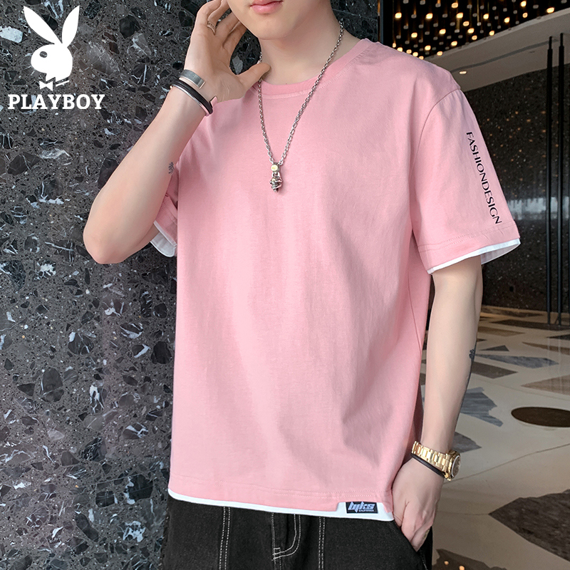 花花公子短袖男士夏季半袖上衣ins潮流情侣夏装体恤粉色凉感t恤男