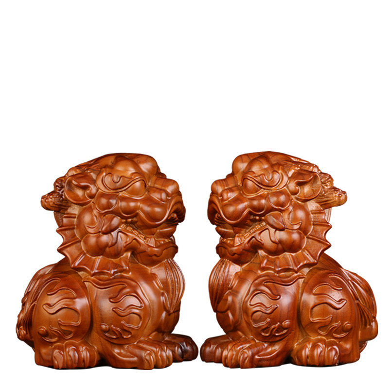 桃木木雕貔貅摆件一对实木雕刻客厅办公室装饰木雕