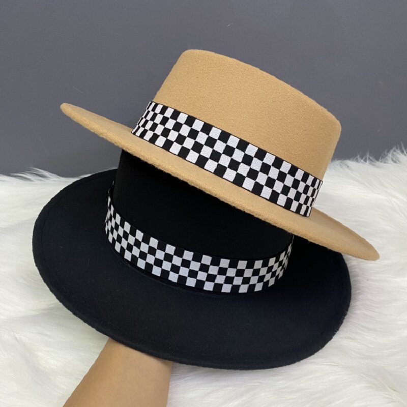 秋冬平顶礼帽女时尚百搭英伦复古毛毡爵士帽棋盘格毛呢大檐渔夫帽