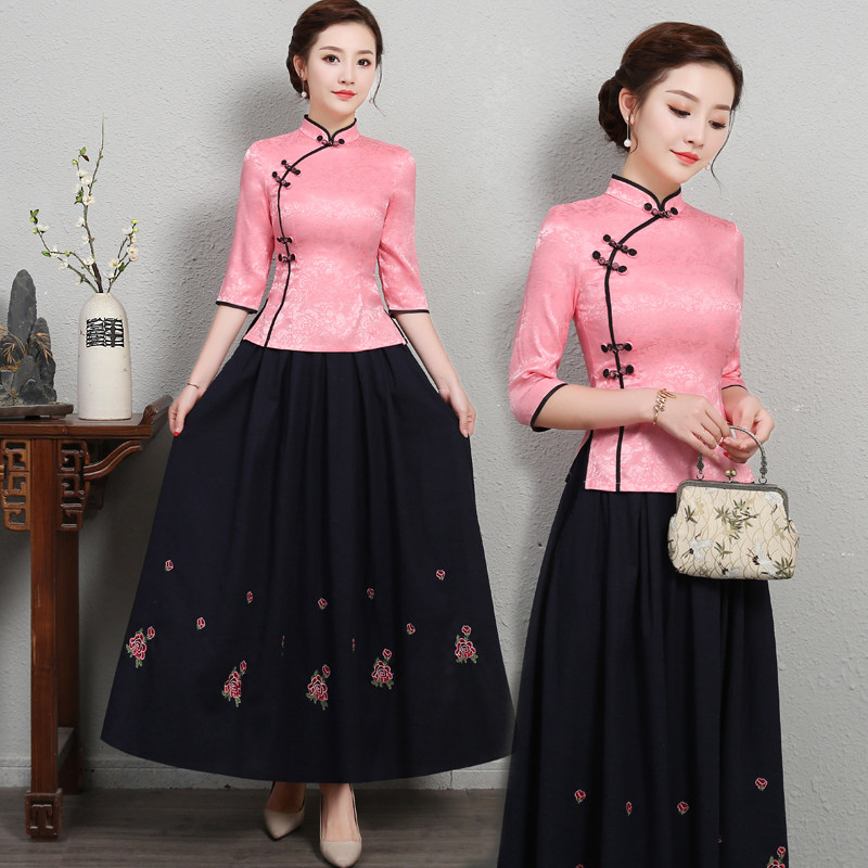 2019夏季新款改良旗袍上衣民族风女唐装套装裙复古两件套舞台工服