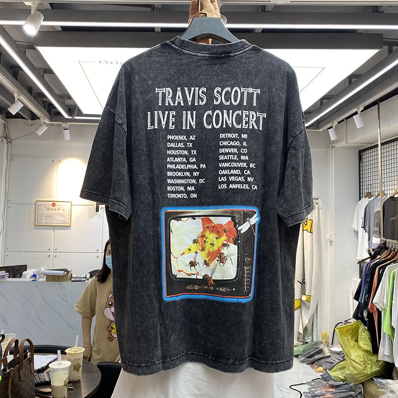 欧美travisscott洗水做旧复古男女宽松休闲嘻哈t恤