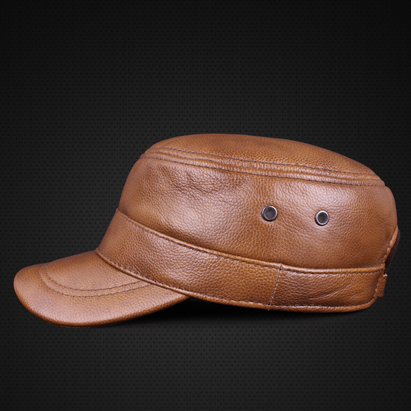 男士真皮平顶帽子秋冬季保暖牛皮皮帽中老年户外帽子