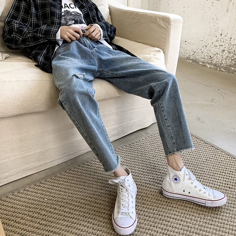 牛仔裤男士修身小脚九分裤高街ins潮牌新款宽松直筒破洞vibe裤子