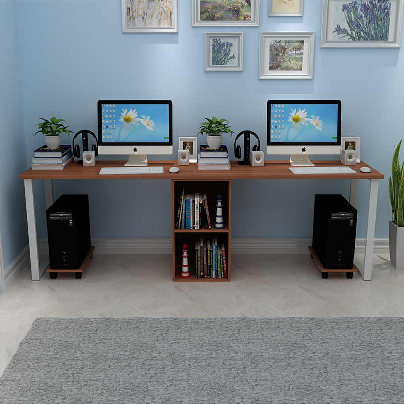 双人电脑桌台式桌家用书柜书桌书架组合学生简约现代写字桌办公桌