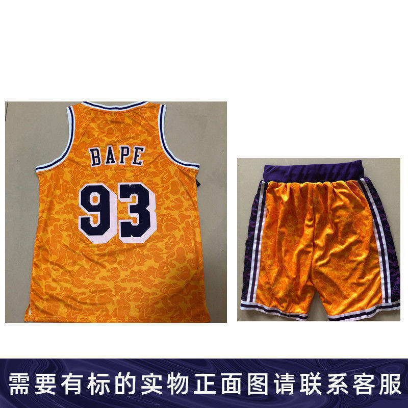 热压湖人复古93号bape狗爷联名球衣黄色篮球篮球服