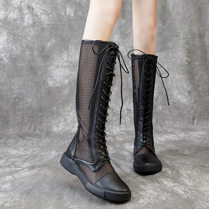 网靴夏季女款真皮打孔洞洞网面透气高筒靴女士时装靴