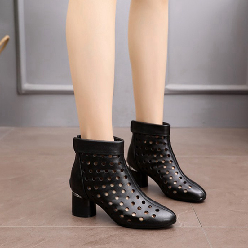 女高透凉网眼镂空包头粗跟中跟高腰凉皮皮鞋时装凉鞋