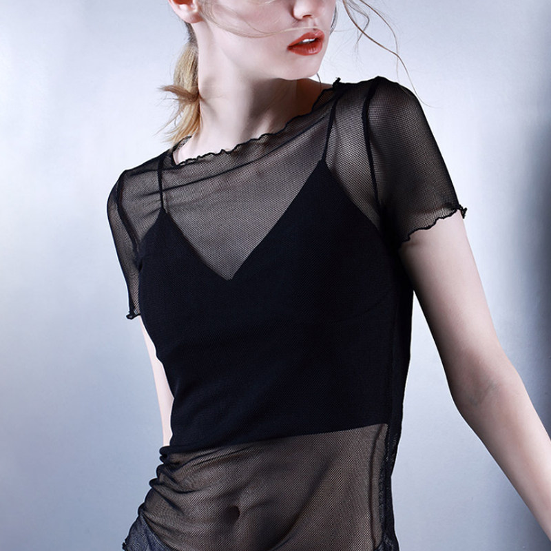 纱衣女半袖黑色网纱打底衫内搭上衣性感罩衫透视紧身短袖薄纱小衫-mc