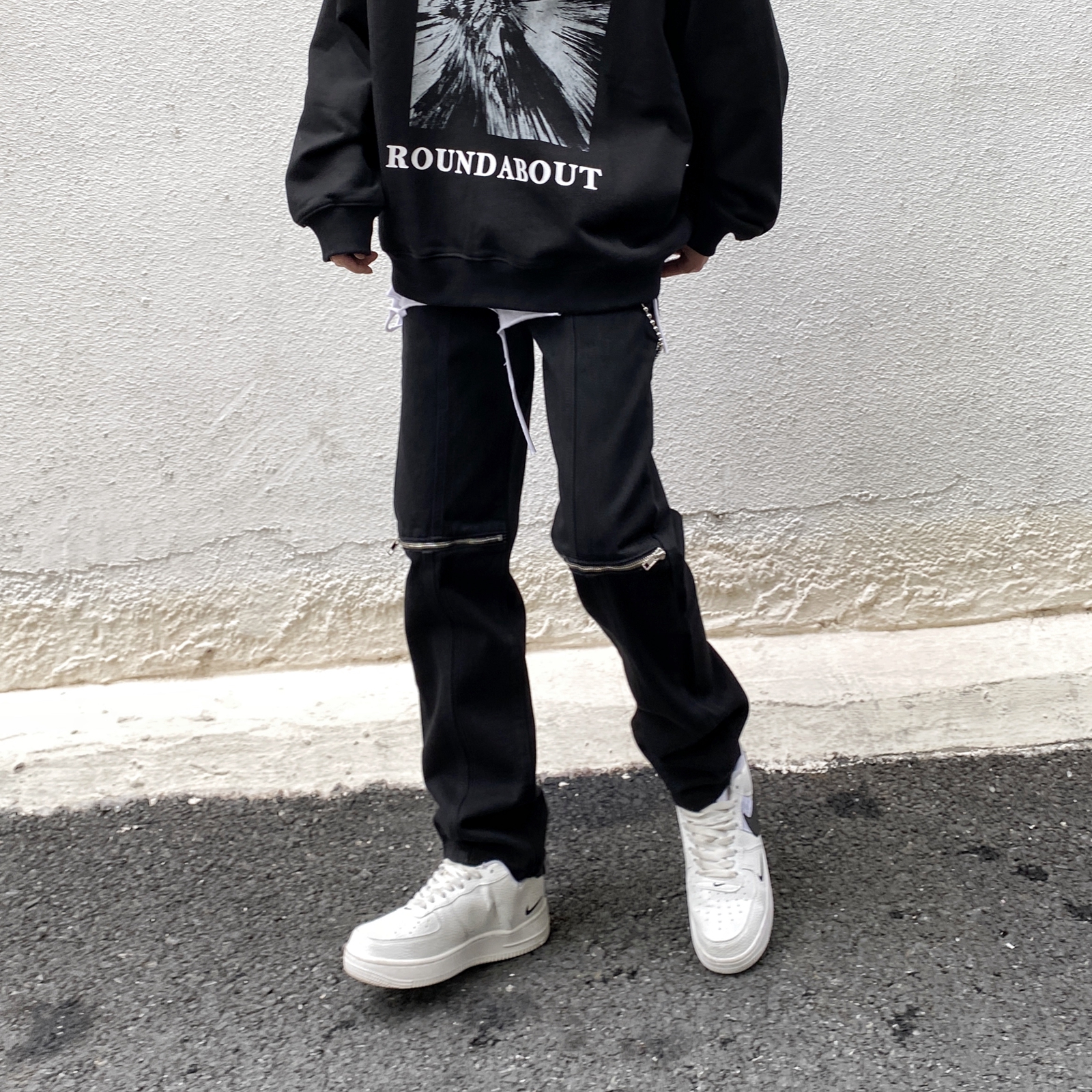 非潮勿近高街美式膝盖破洞拉链牛仔裤潮牌设计感嘻哈炸街裤子男