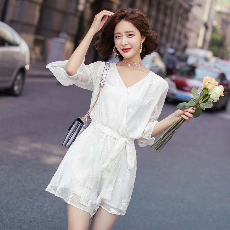 白色高腰雪纺短裤连体裤连衣裙子